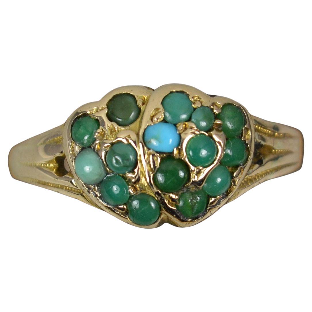 Victorian 9 Carat Gold and Turquoise Double Heart Cluster Ring For Sale