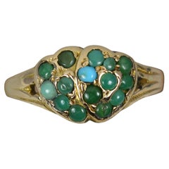 Victorian 9 Carat Gold and Turquoise Double Heart Cluster Ring