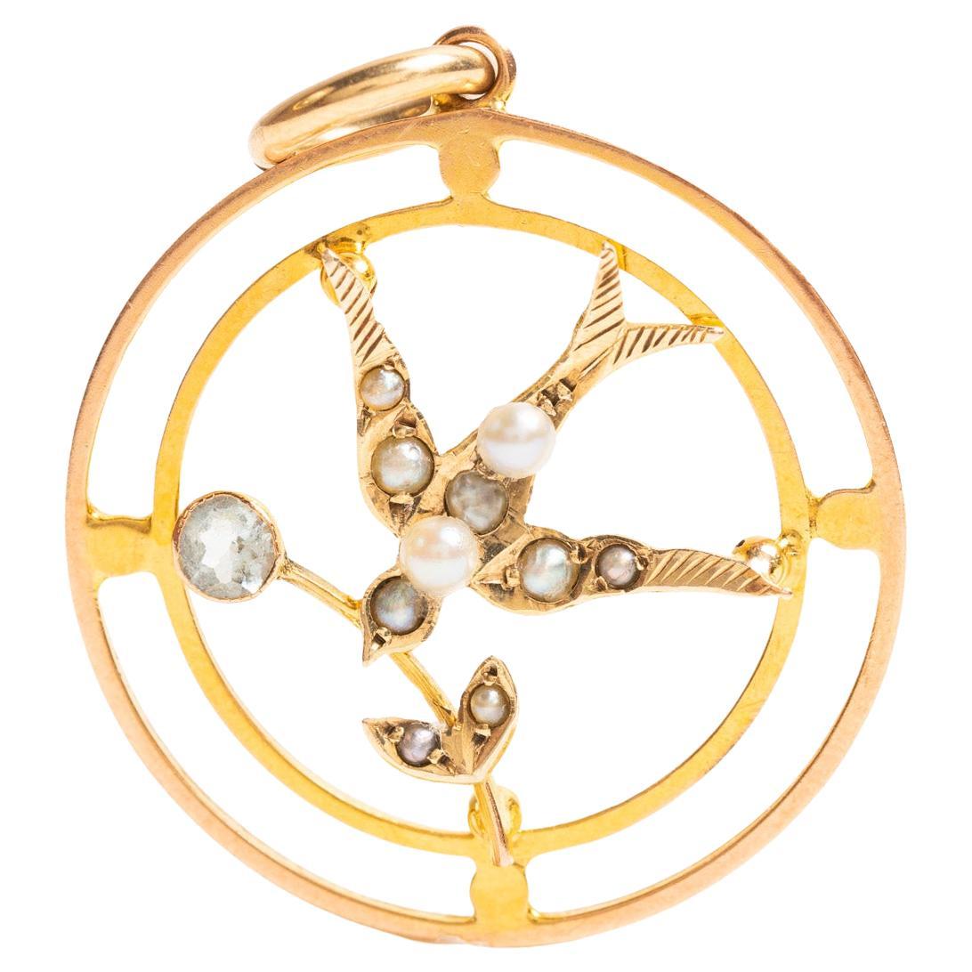 Victorian 9ct Gold Aquamarine & Seed Pearl Swallow Pendant