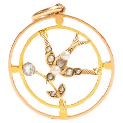 Victorian 9ct Gold Aquamarine & Seed Pearl Swallow Pendant