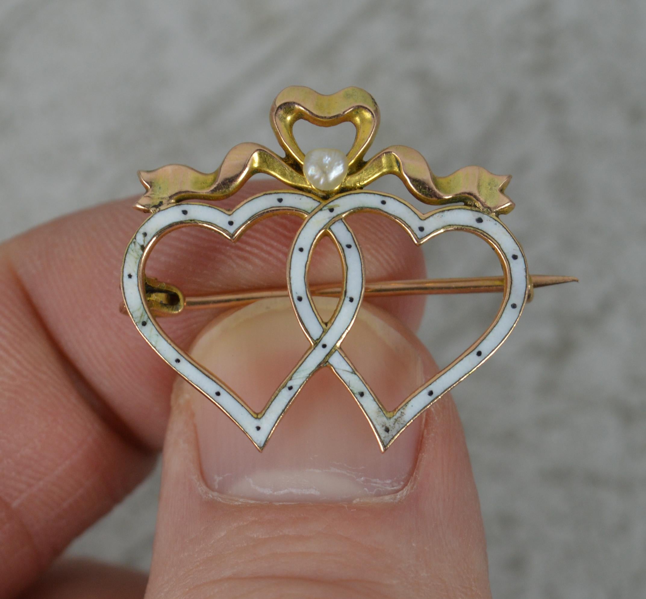 Round Cut Victorian 9 Carat Gold Enamel and Pearl Double Heart Brooch by Liberty & Co