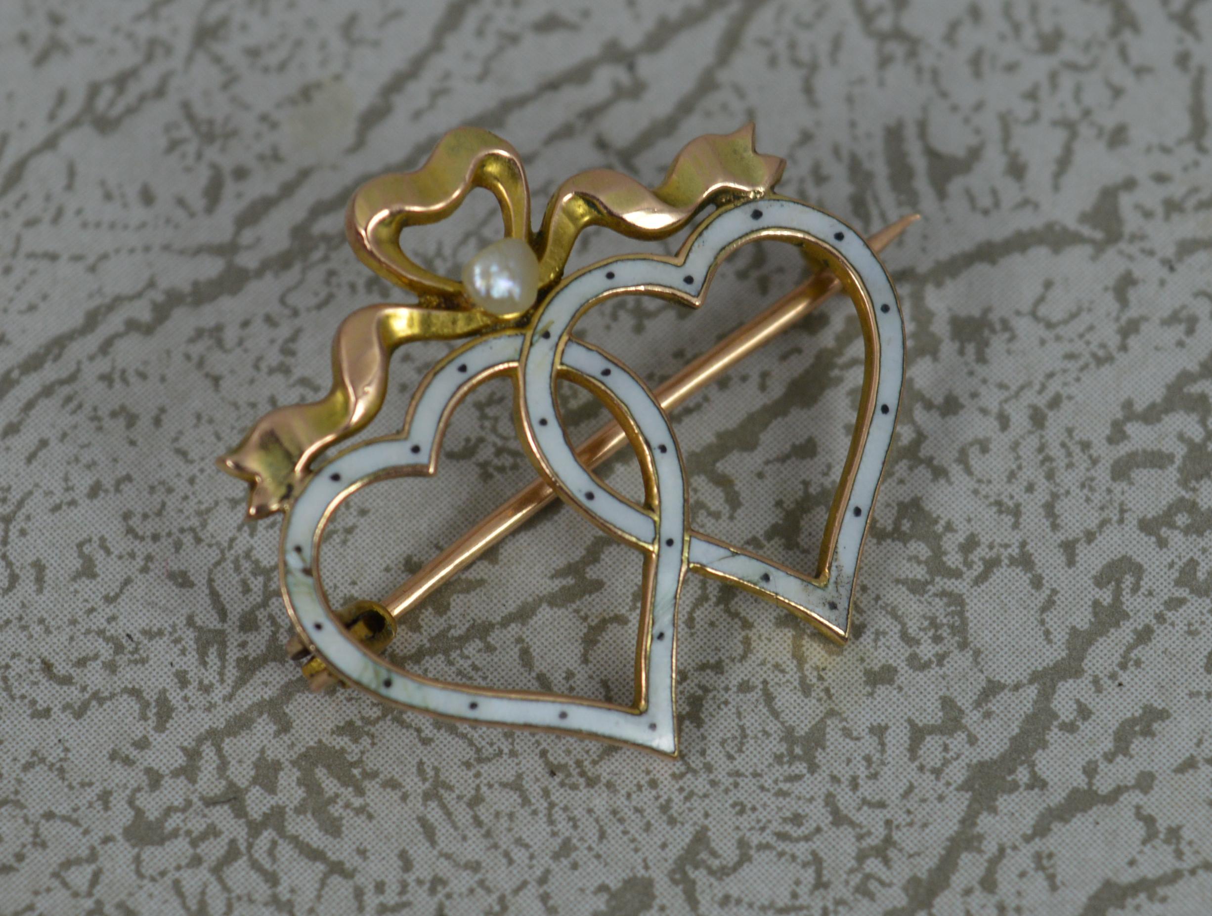 Women's Victorian 9 Carat Gold Enamel and Pearl Double Heart Brooch by Liberty & Co