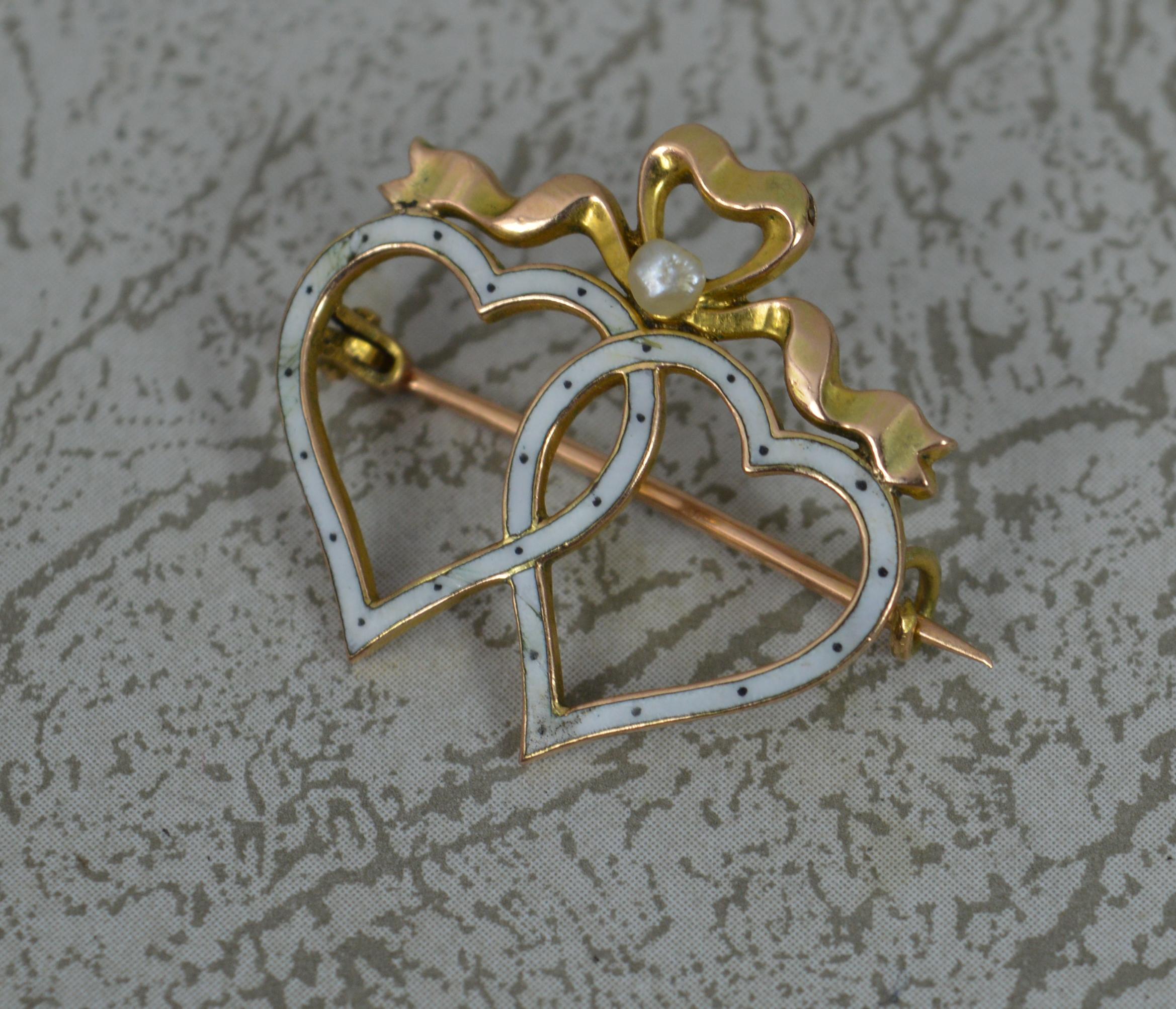 Victorian 9 Carat Gold Enamel and Pearl Double Heart Brooch by Liberty & Co 1