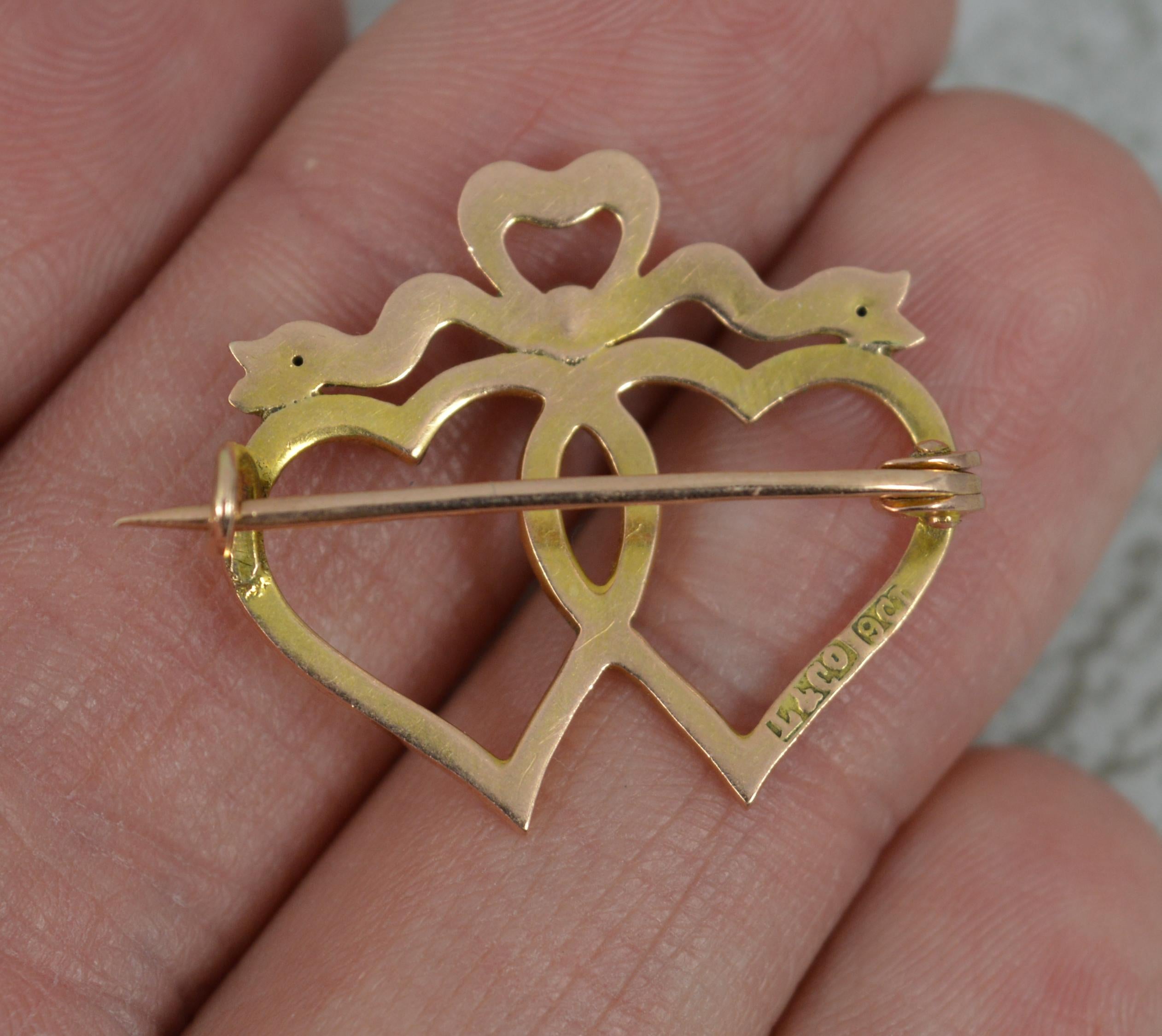 Victorian 9 Carat Gold Enamel and Pearl Double Heart Brooch by Liberty & Co 3