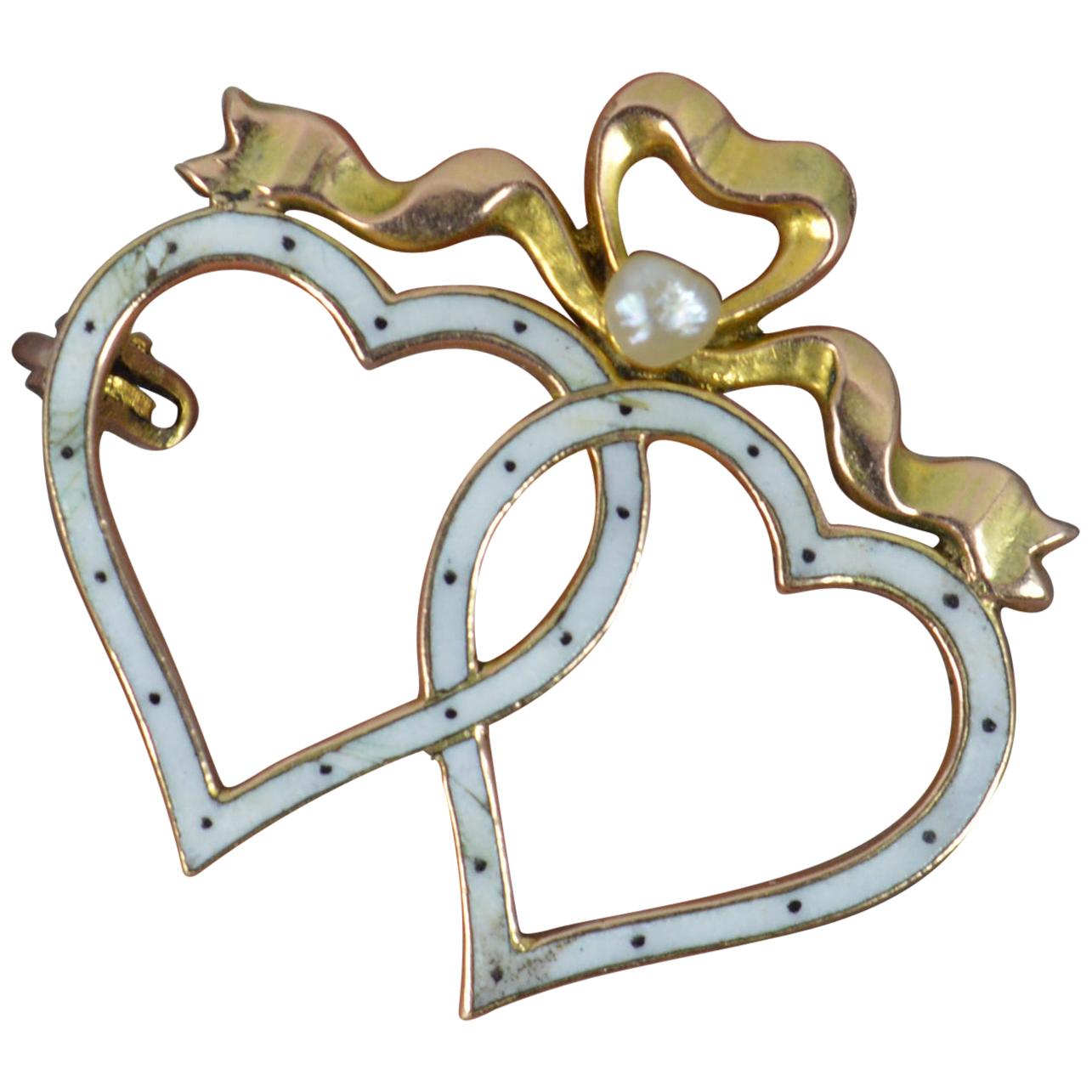 Victorian 9 Carat Gold Enamel and Pearl Double Heart Brooch by Liberty & Co