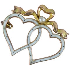 Victorian 9 Carat Gold Enamel and Pearl Double Heart Brooch by Liberty & Co