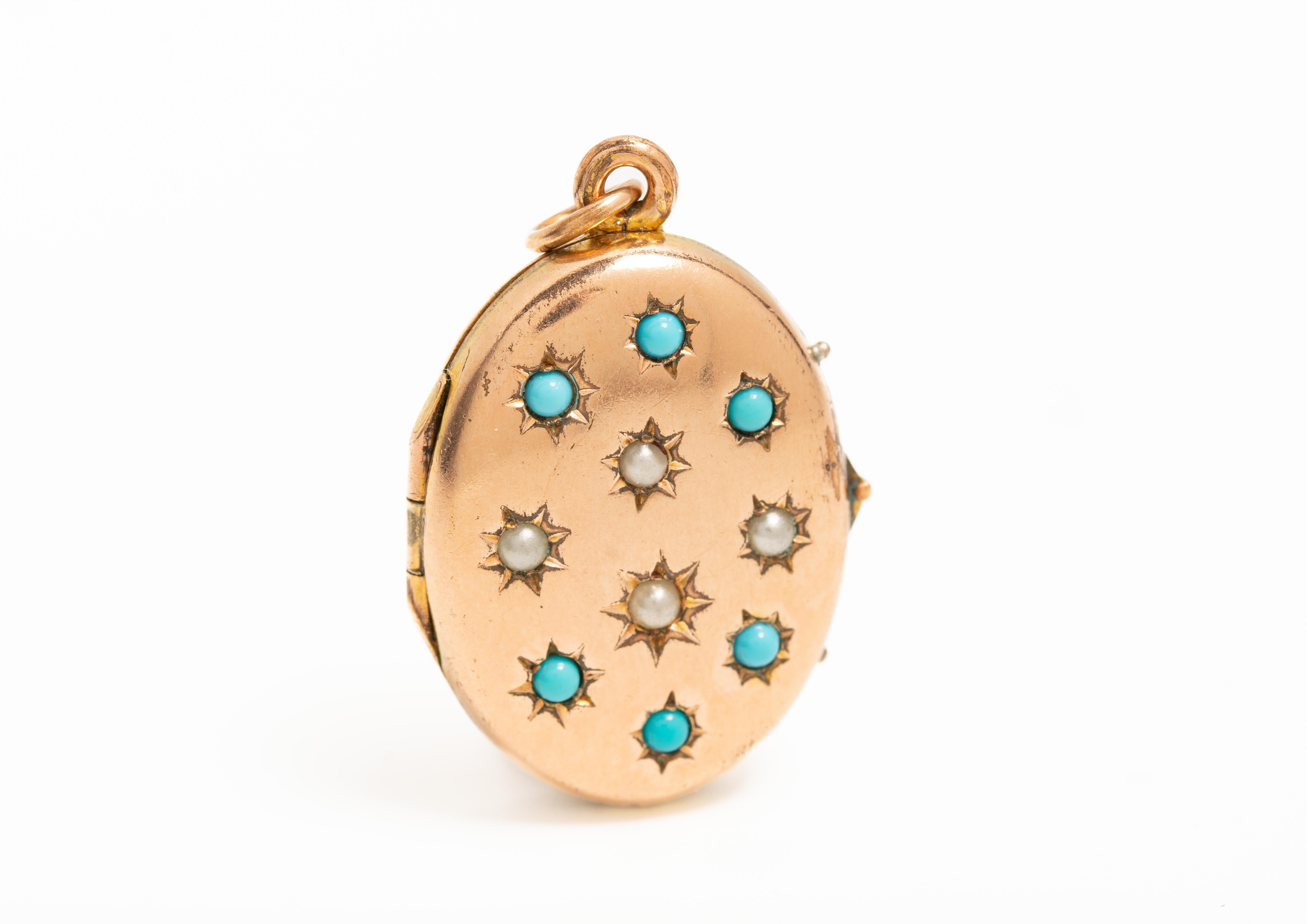 This stunning Victorian 9ct gold front and back locket is exquisitely adorned with a natural turquoise gemstones and delicate seed pearls in a form of the star. The locket opens to reveal two compartments for the photographs.

WEIGHT: 3.8