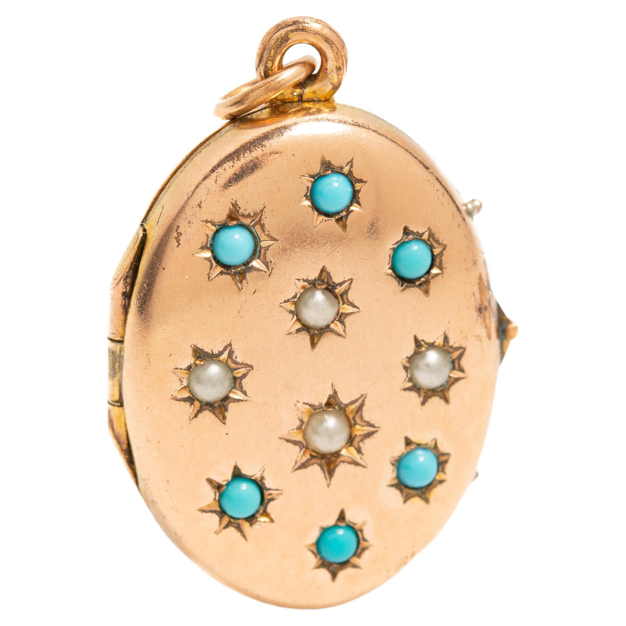Médaillon victorien en or 9 carats avec turquoise et perles naturelles à l'avant et à l'arrière en vente