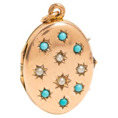 Médaillon victorien en or 9 carats avec turquoise et perles naturelles à l'avant et à l'arrière