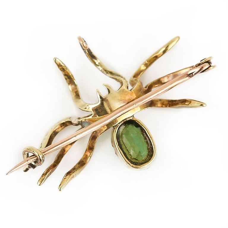 Victorian 9ct Gold Green Rhinestone and Blue Topaz Spider Brooch, Circa 1890 In Good Condition For Sale In Lancashire, Oldham