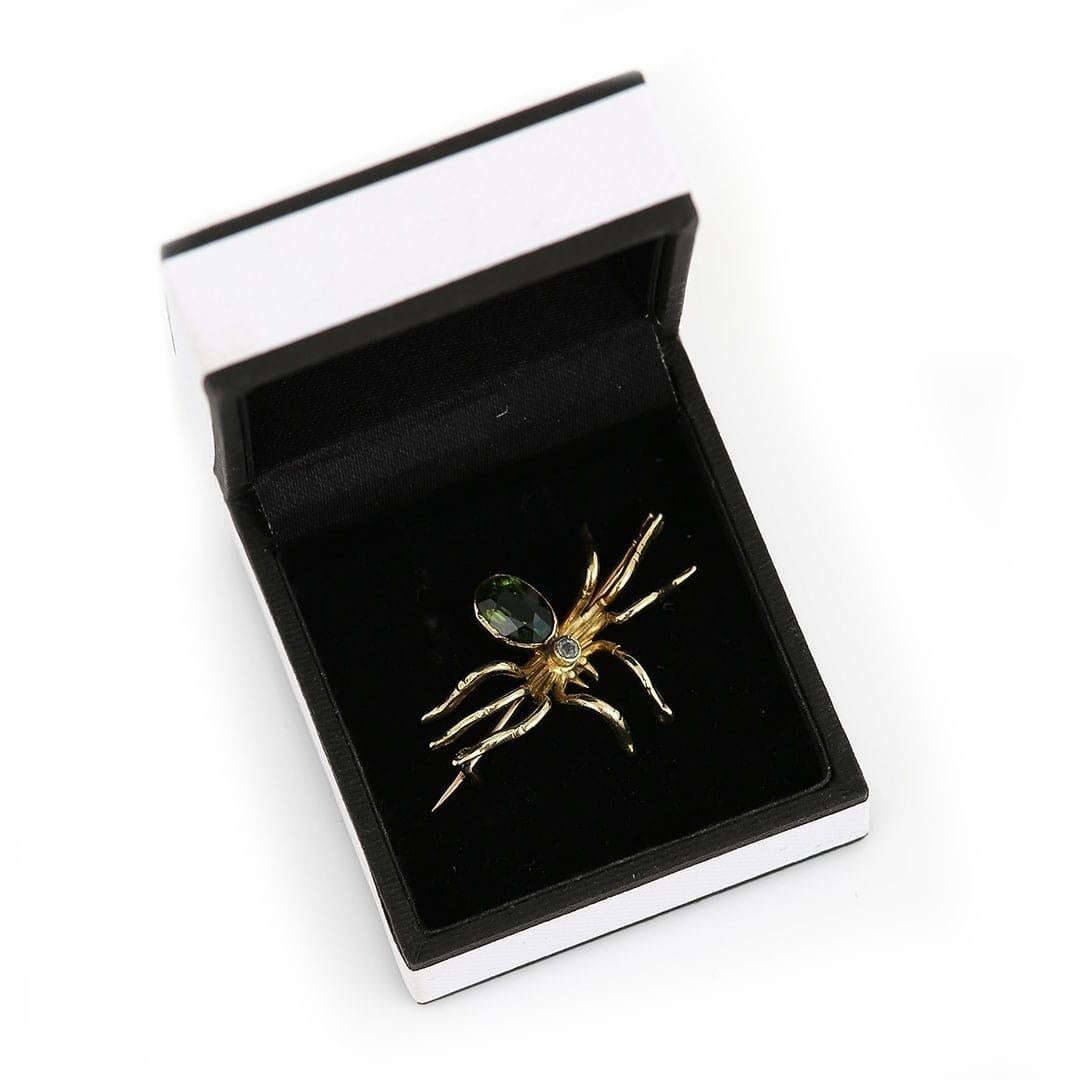 Victorian 9ct Gold Green Rhinestone and Blue Topaz Spider Brooch, Circa 1890 1