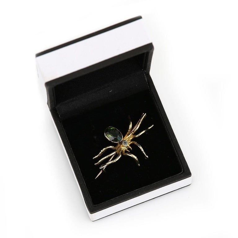 Victorian 9ct Gold Green Rhinestone and Blue Topaz Spider Brooch, Circa 1890 For Sale 4