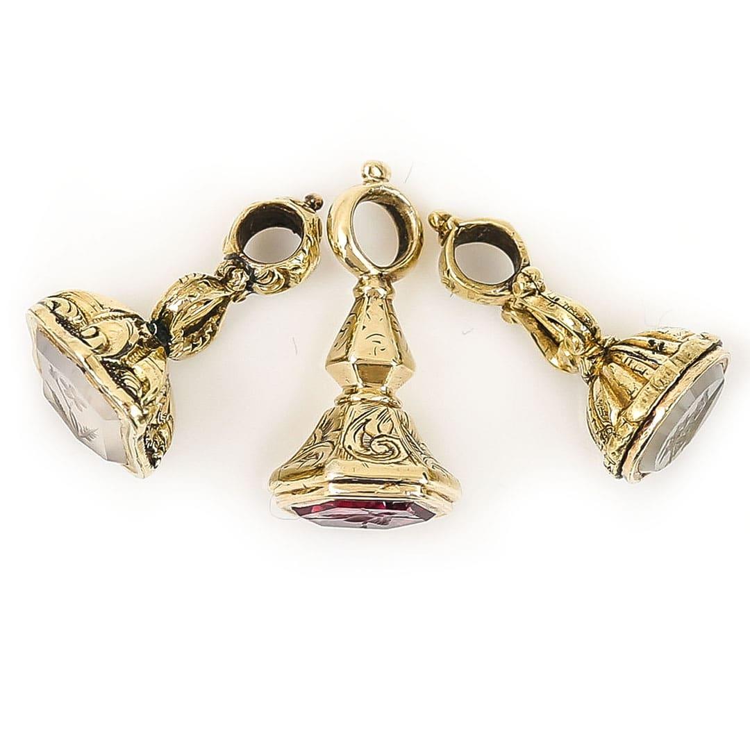 Hexagon Cut Victorian 9ct Gold Miniature Amethyst Fob Seal with Carved Fly, circa 1880 For Sale