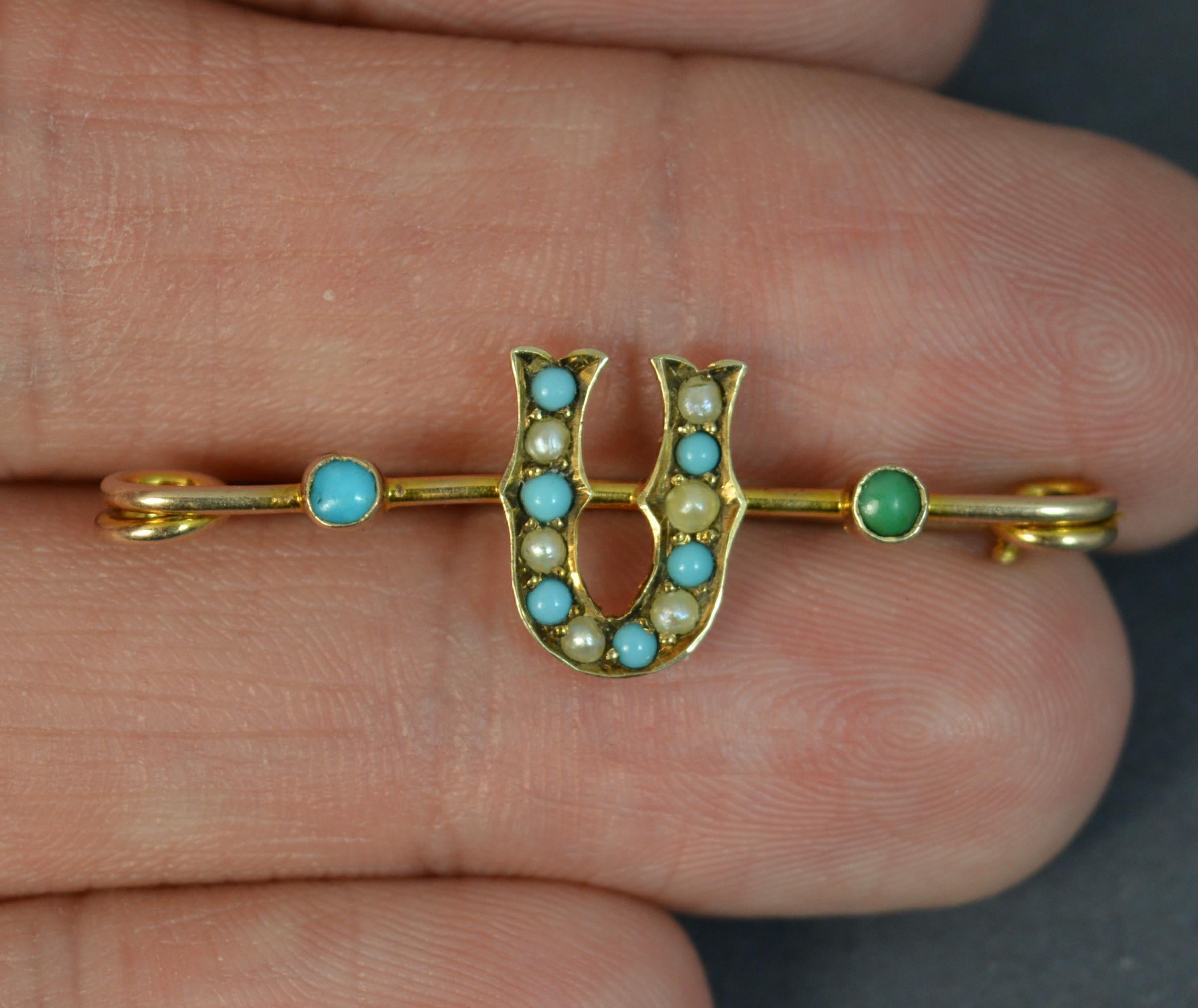 Edwardian Victorian 9 Carat Gold Pearl and Turquoise Murrle Bennett Pin Brooch