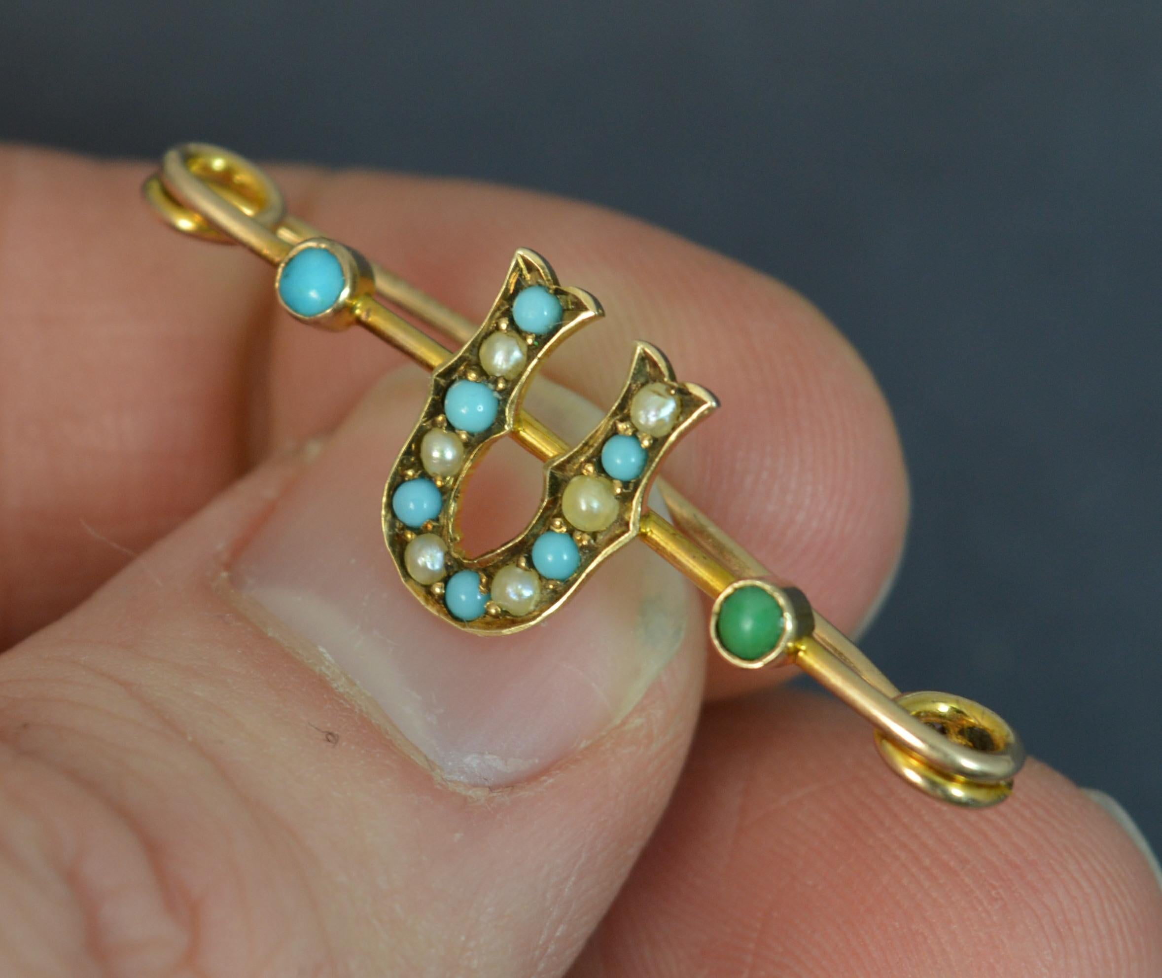 Victorian 9 Carat Gold Pearl and Turquoise Murrle Bennett Pin Brooch In Excellent Condition In St Helens, GB