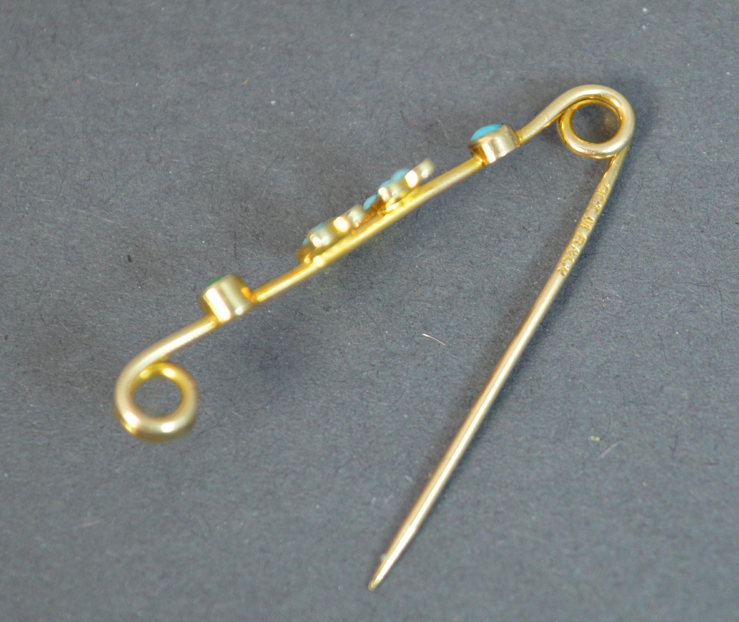 Victorian 9 Carat Gold Pearl and Turquoise Murrle Bennett Pin Brooch 2