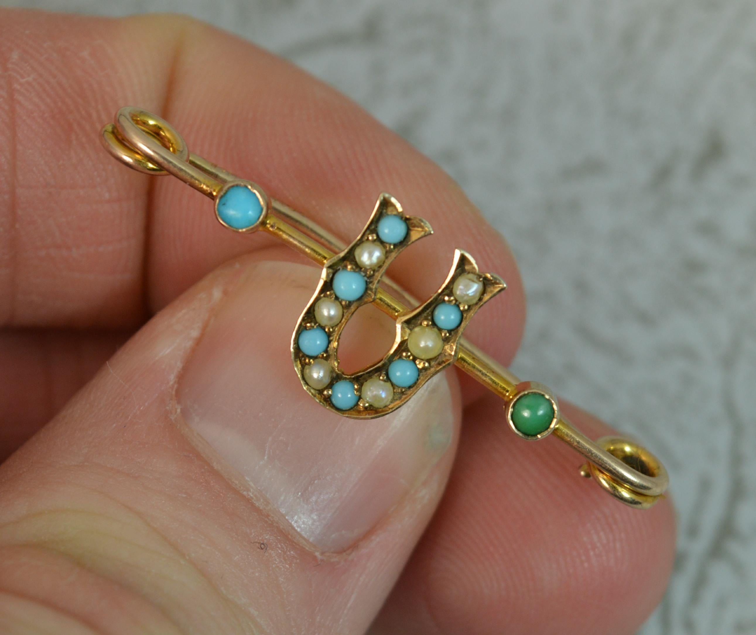 Victorian 9 Carat Gold Pearl and Turquoise Murrle Bennett Pin Brooch 4