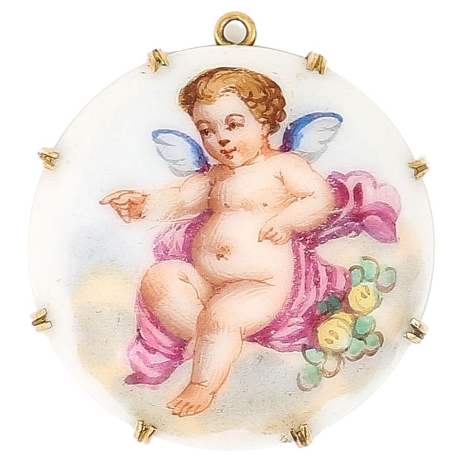 Victorian 9ct Gold Round Porcelain Pendant with Cherub and Flowers, Circa 1900 For Sale