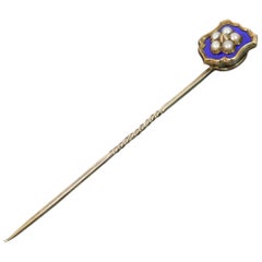 Victorian 9 Carat Gold Royal Blue Enamel and Pearl Shield Stick or Tie Pin