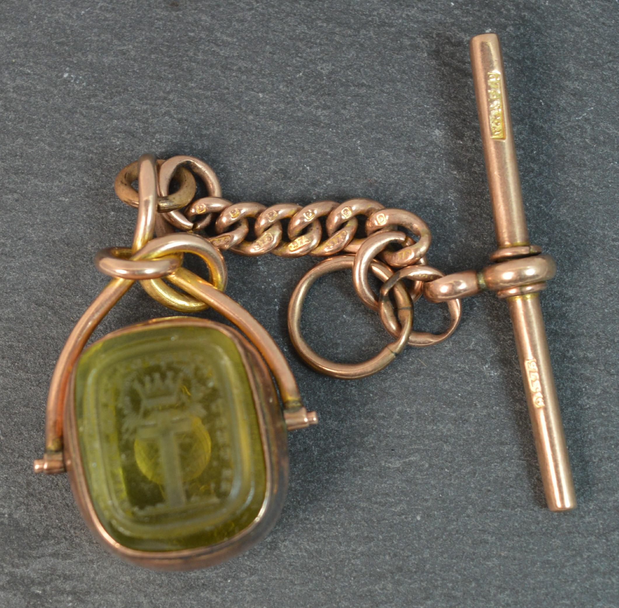 Victorian 9 Carat Gold Swivel Fob with Tbar, Religious Intaglio 10