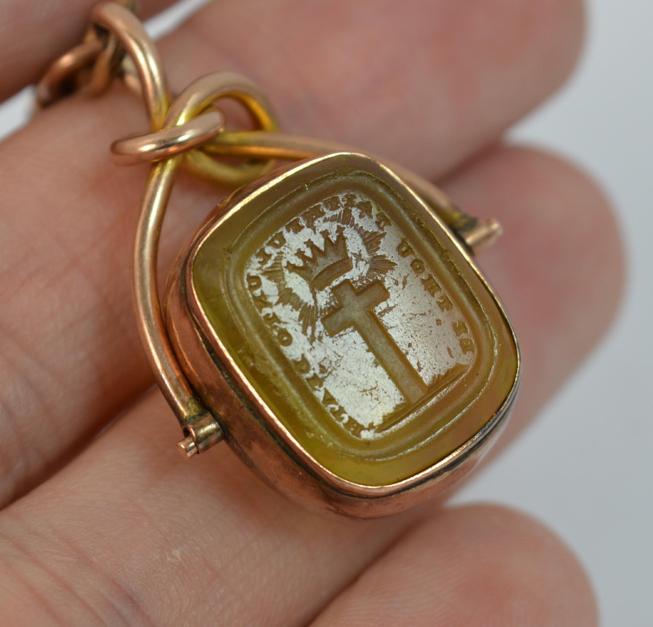 Women's or Men's Victorian 9 Carat Gold Swivel Fob with Tbar, Religious Intaglio