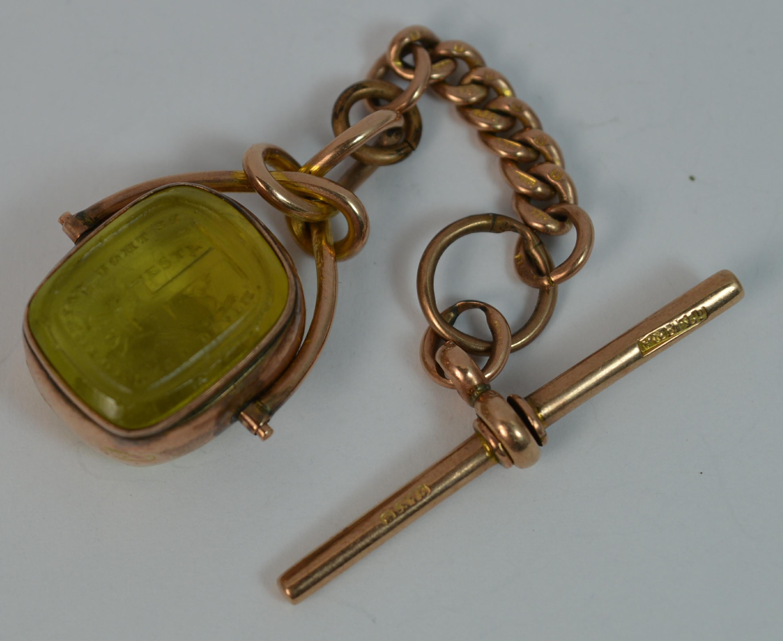 Victorian 9 Carat Gold Swivel Fob with Tbar, Religious Intaglio 6