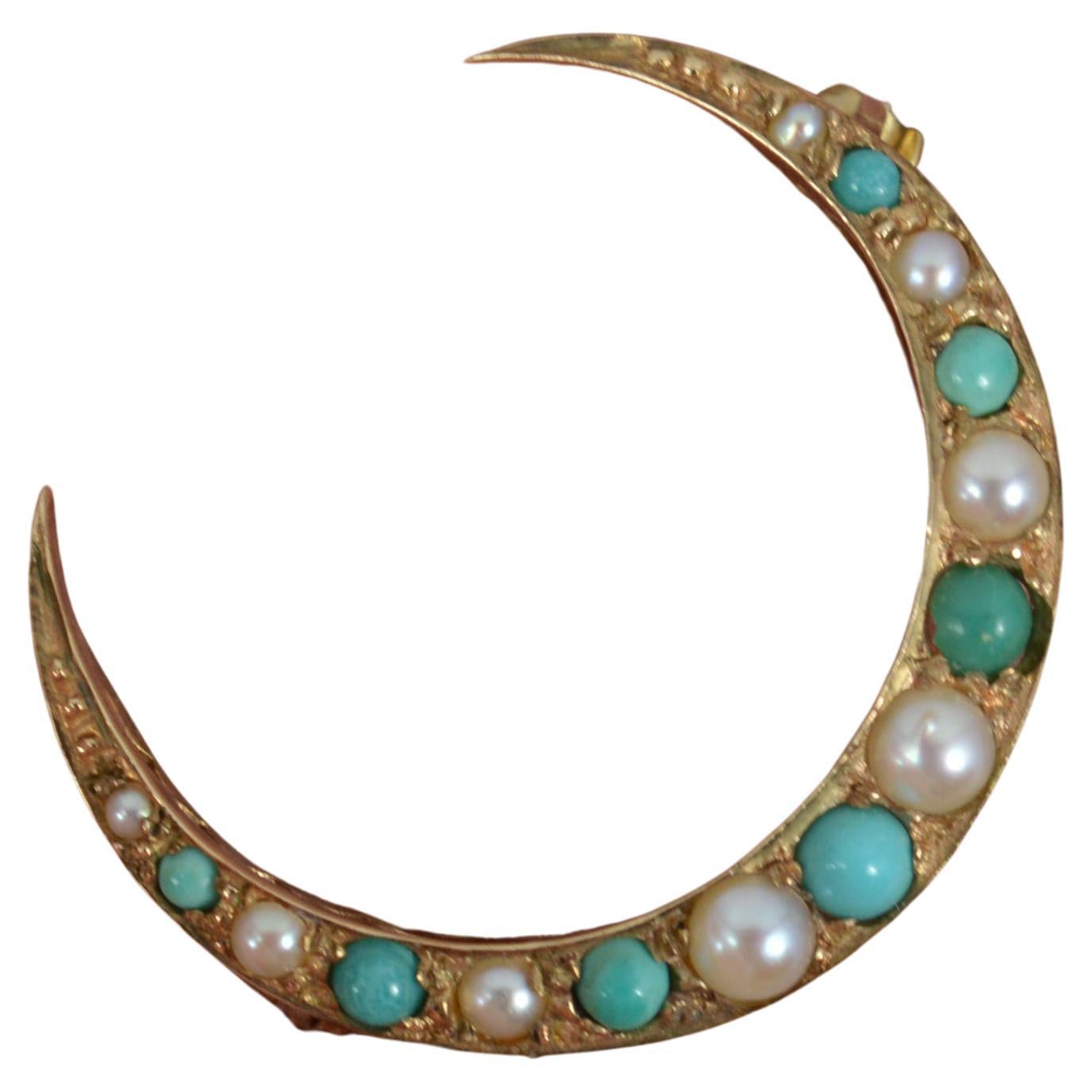 Victorian 9ct Gold Turquoise and Pearl Crescent Brooch, Circa 1900