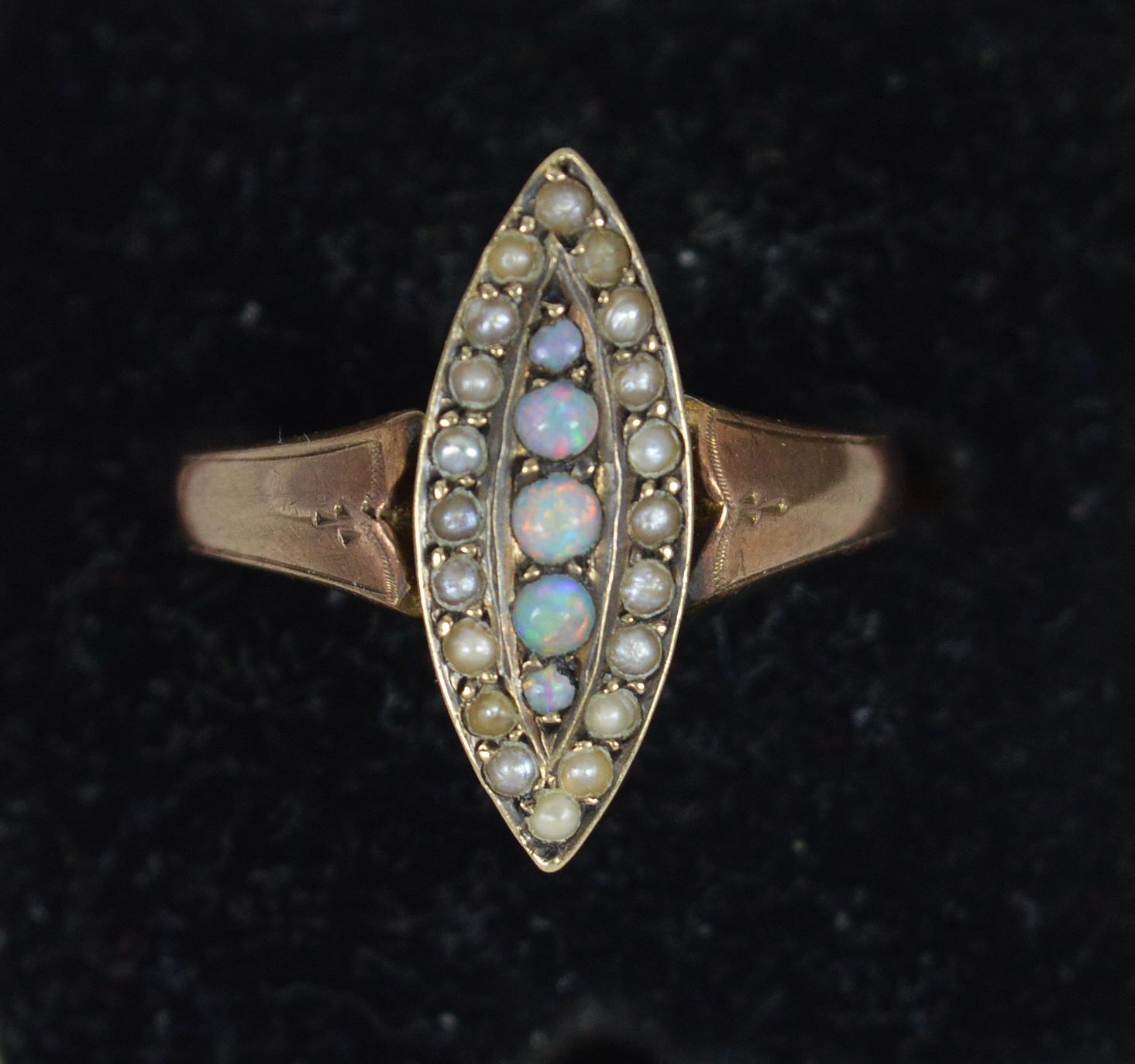 Victorian 9ct Rose Gold Opal and Pearl Navette Cluster Ring For Sale 5