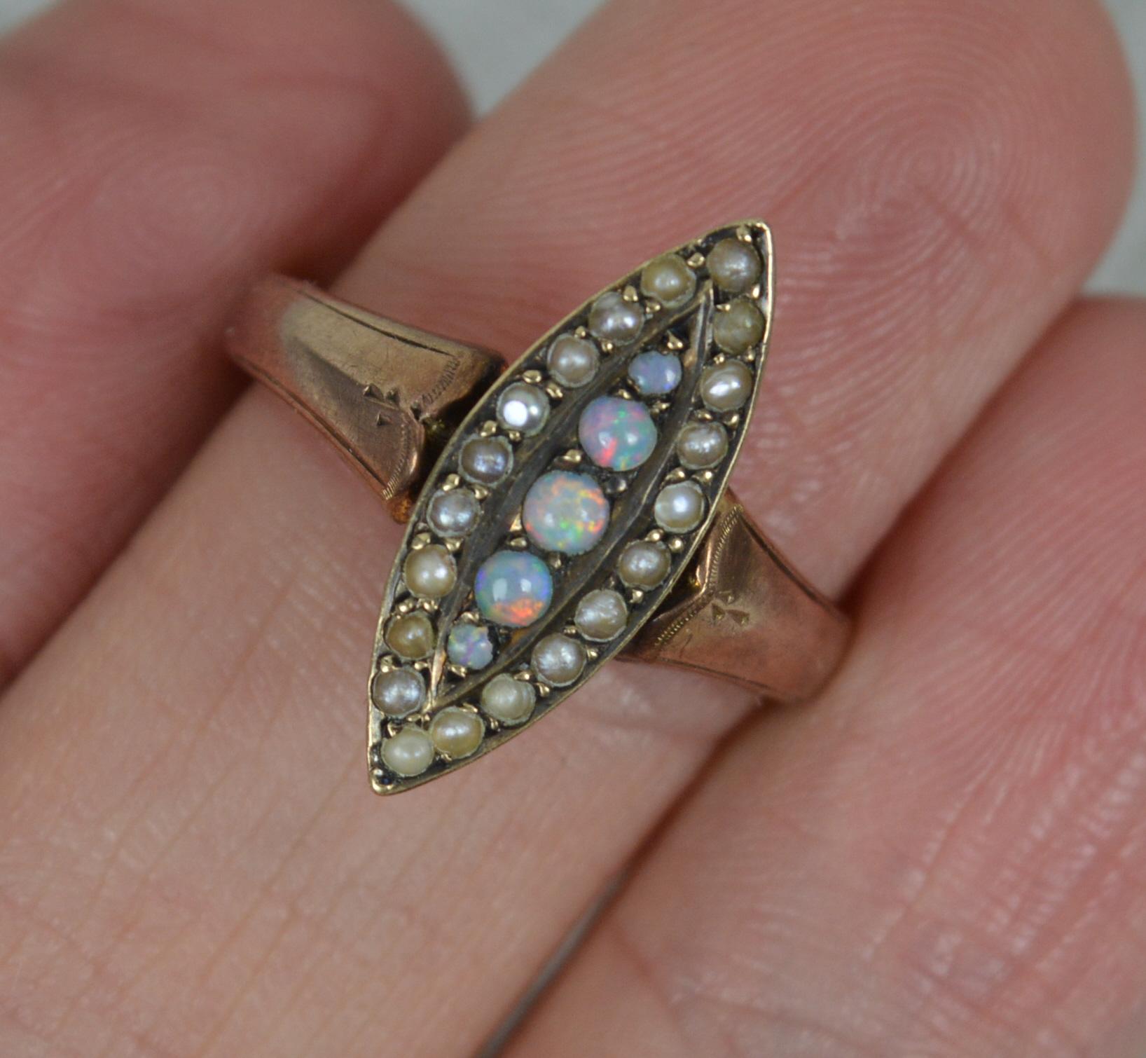 Women's Victorian 9ct Rose Gold Opal and Pearl Navette Cluster Ring For Sale