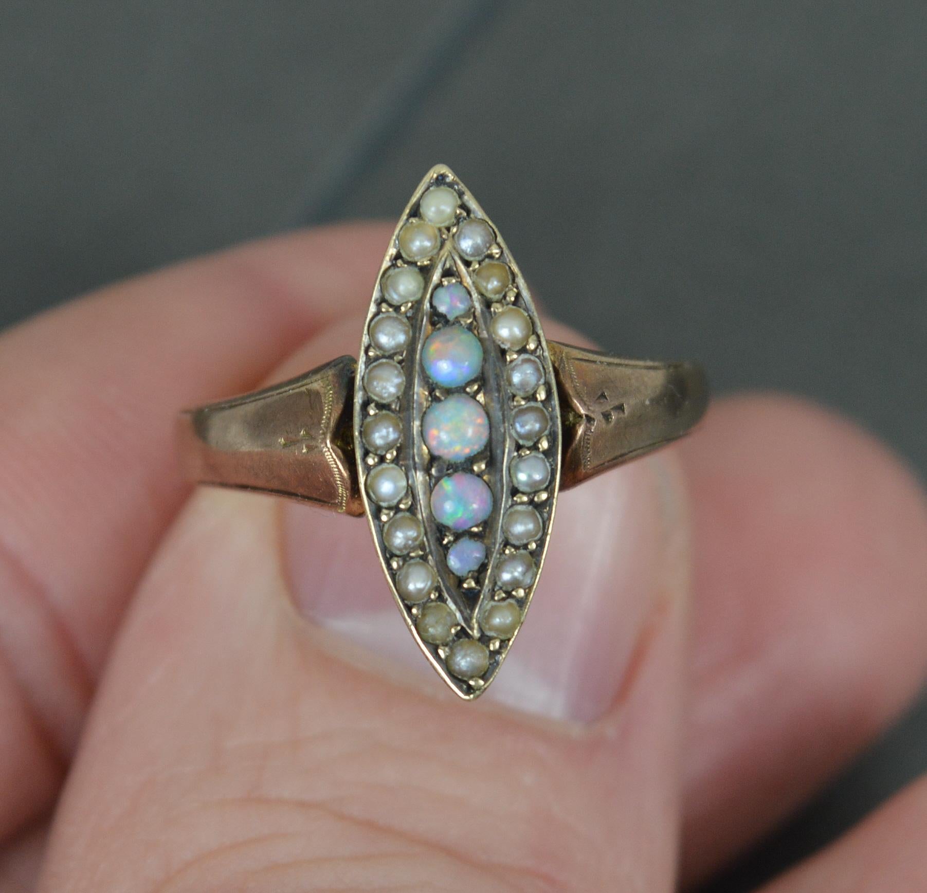 Victorian 9ct Rose Gold Opal and Pearl Navette Cluster Ring For Sale 1