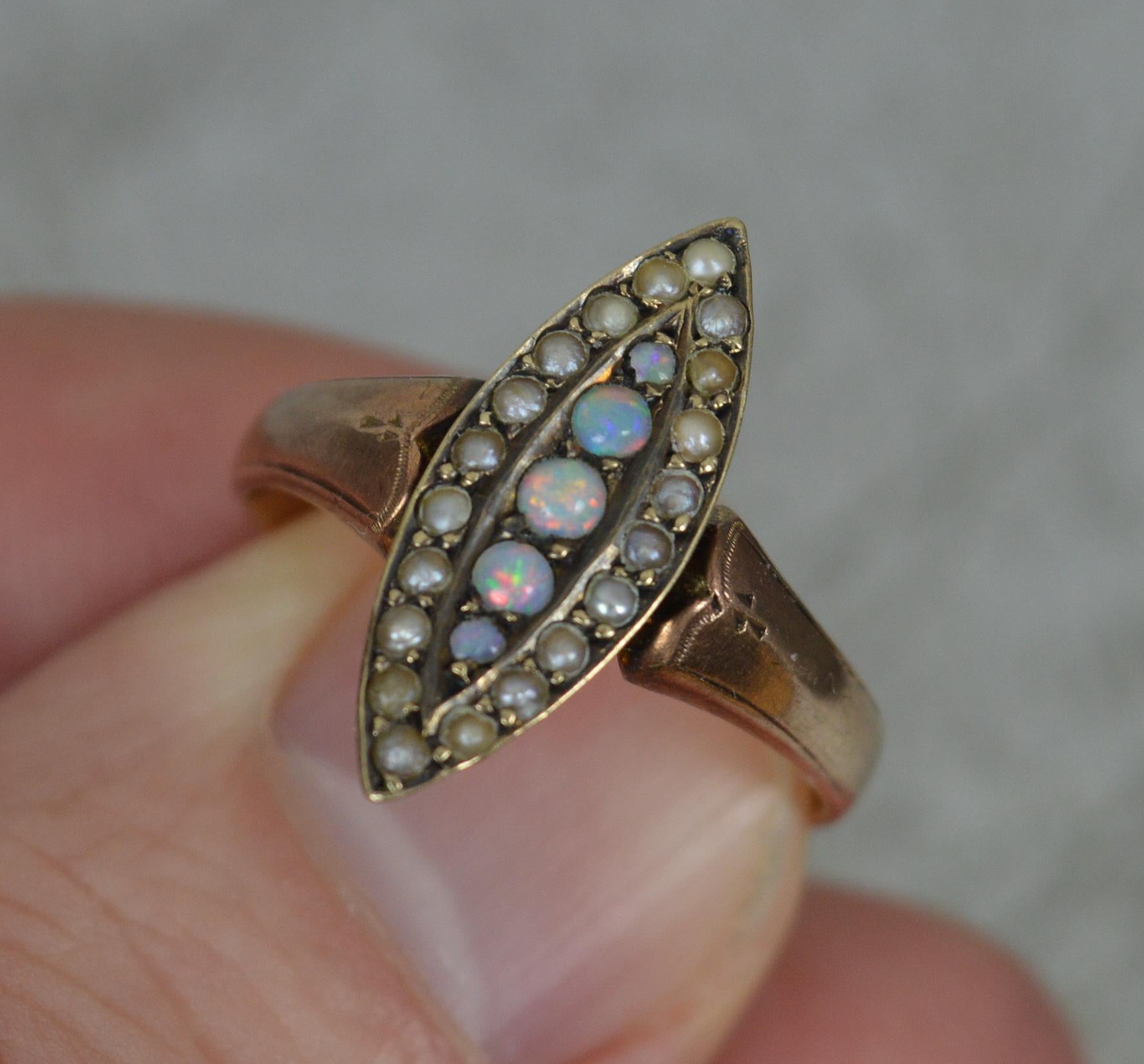Victorian 9ct Rose Gold Opal and Pearl Navette Cluster Ring For Sale 2