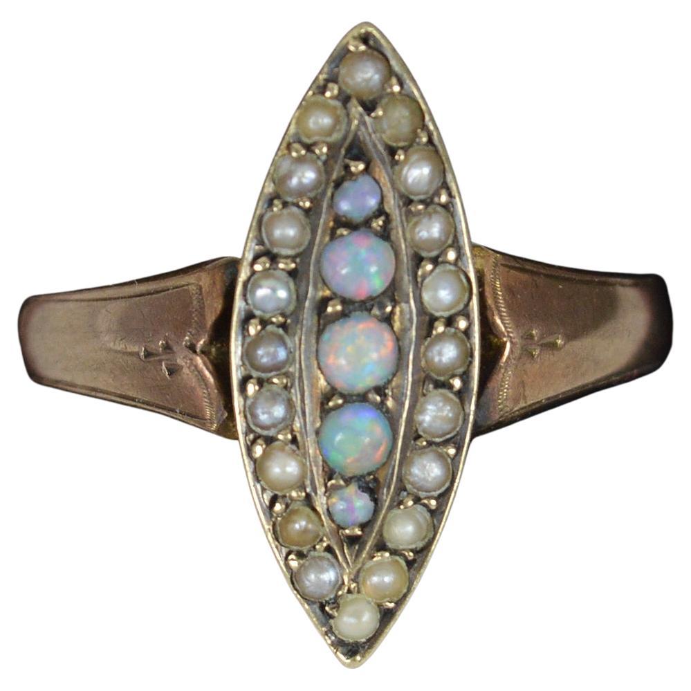 Victorian 9ct Rose Gold Opal and Pearl Navette Cluster Ring For Sale