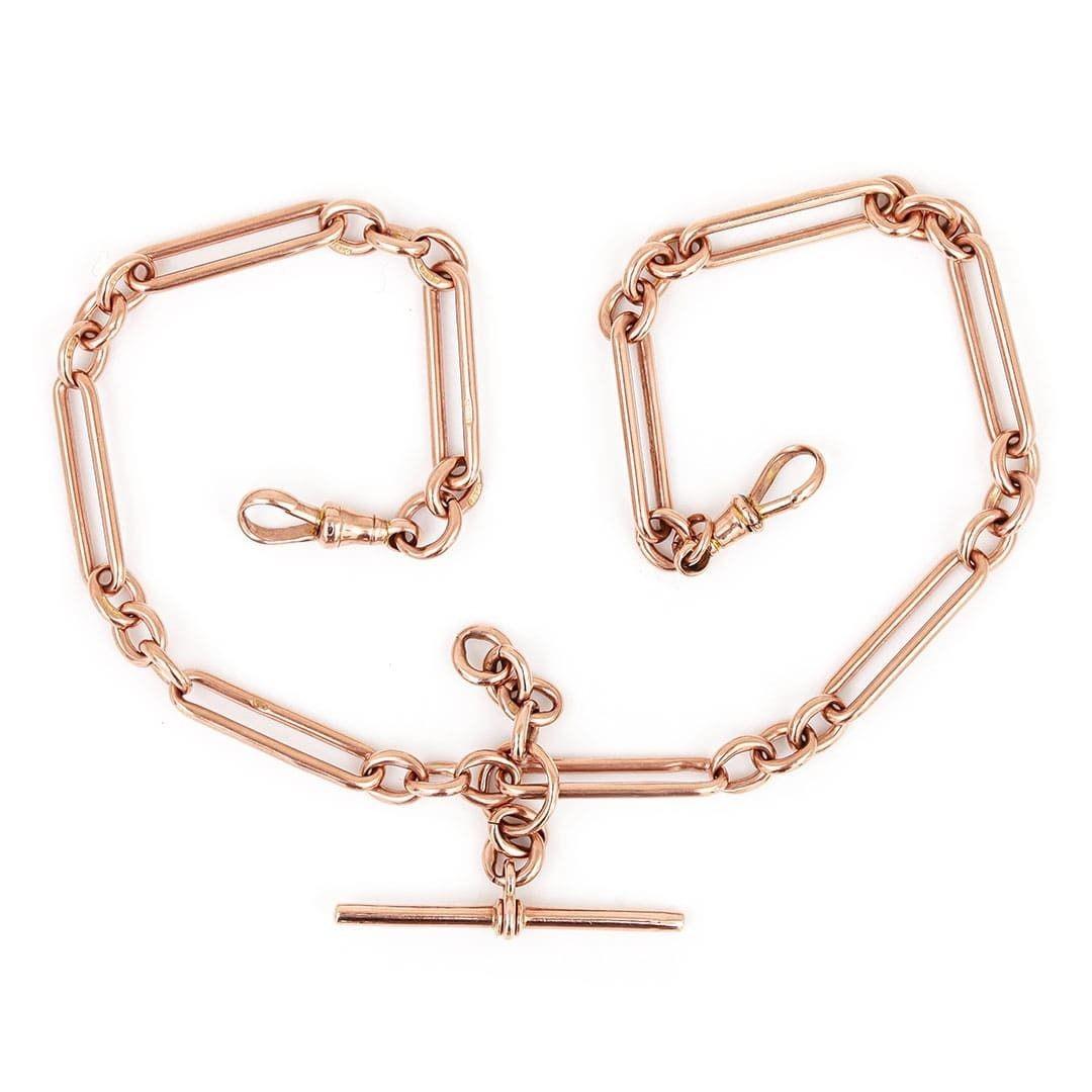 A fantastic 9ct rose gold antique Victorian Albert chain with alternating trombone & round uniform links. Every link is stamped ‘9’ and the anchor for Birmingham assay office and a lower case ’s’ to denote the year are applied to one of the links