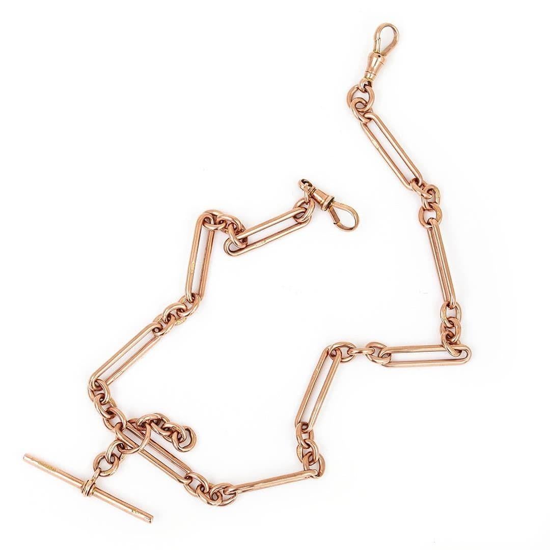 Late Victorian Victorian 9ct Rose Gold Trombone Link Albert Watch Chain, 41.8g, circa 1892