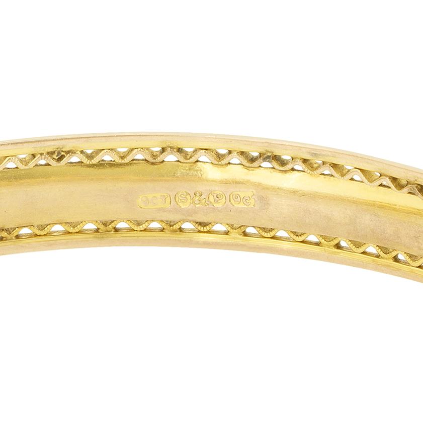 Crafted in the 1880s, this Victorian slave bangle is made entirely in 9 carat rose gold. With intricate patterning across its length the bangle is 9.4mm wide with a weight of 16.6 grams.

Age: 1880s
Metal: 9ct Rose Gold