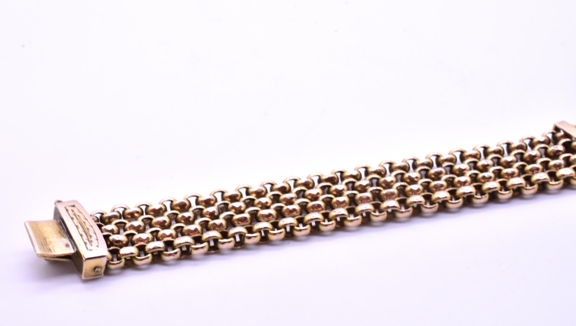 Women's or Men's Victorian 9 Karat Four Strand Belcher Chain Bracelet with Fancy Engraved Clasp For Sale