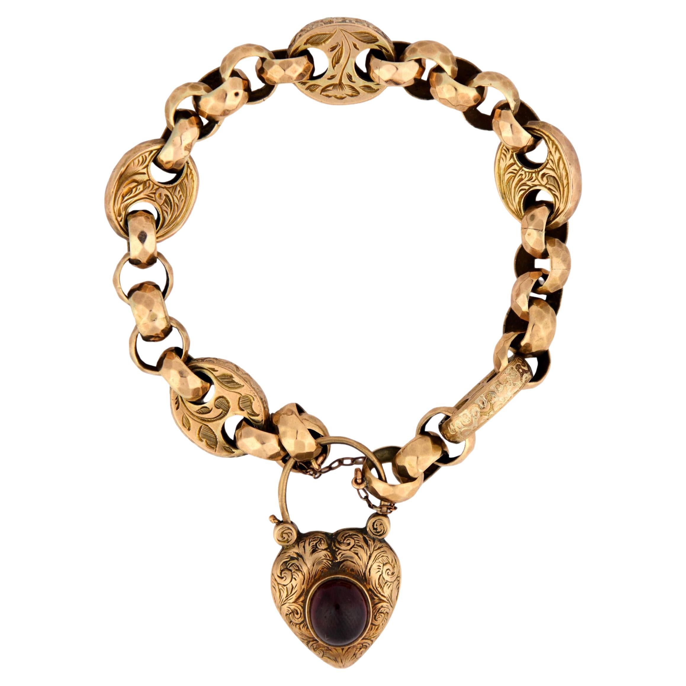 Victorian 9k Garnet Mariner Link Padlock Locket Bracelet For Sale