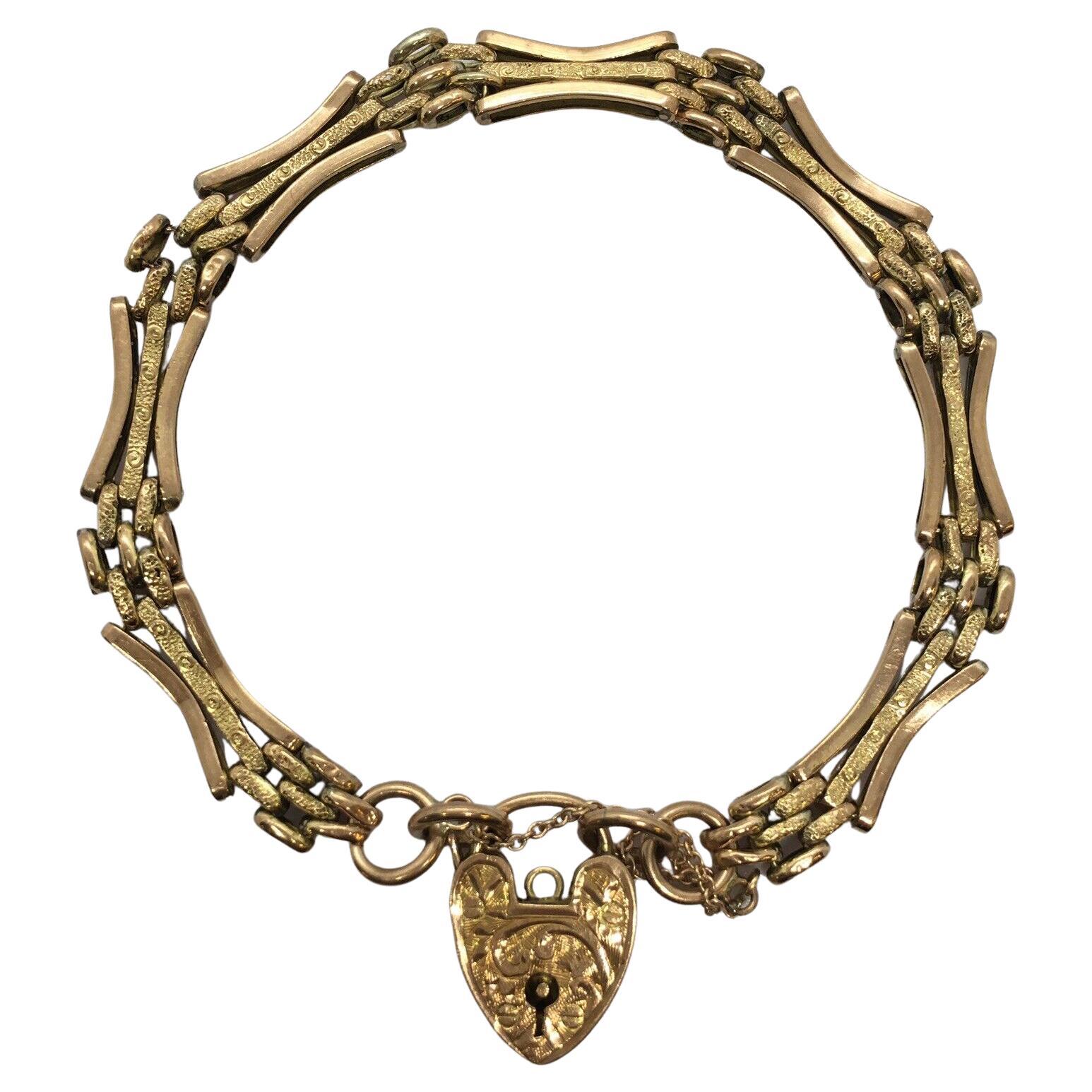 Victorian 9K Gold Antique Heart Padlock Gate Bracelet UK 9.8 Gr Clean For Sale