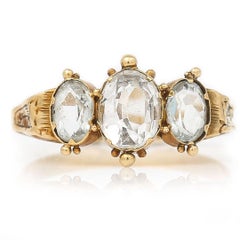 Victorian 9k Gold Aquamarine and Blue Topaz Three Stone Ring, Circa 1860