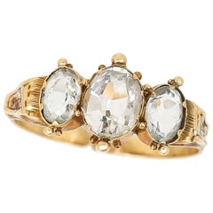 Victorian 9k Gold Aquamarine and Blue Topaz Three Stone Ring, Circa 1860