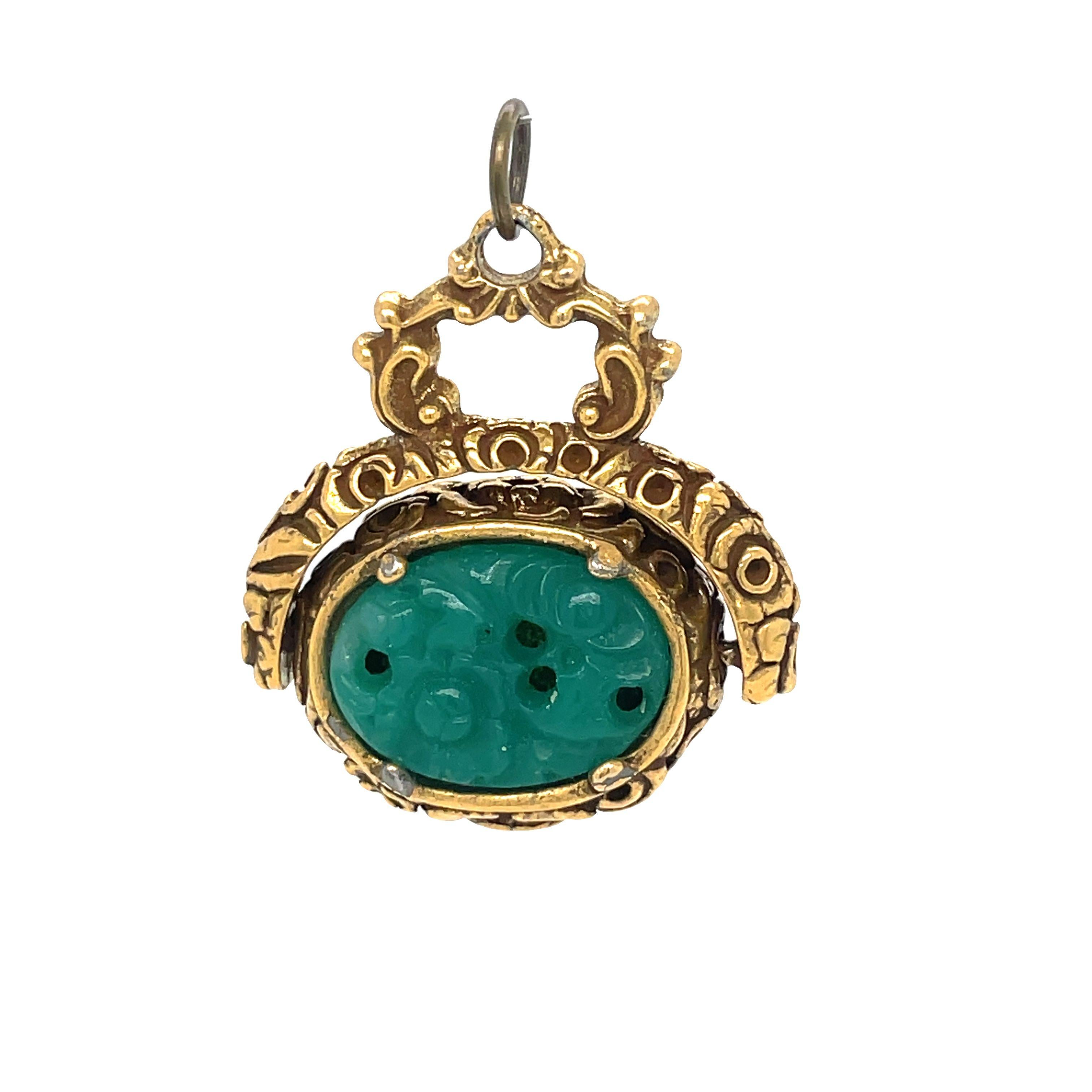 Victorian 9K Gold Carved Jade Spinning Watch Fob Pendant