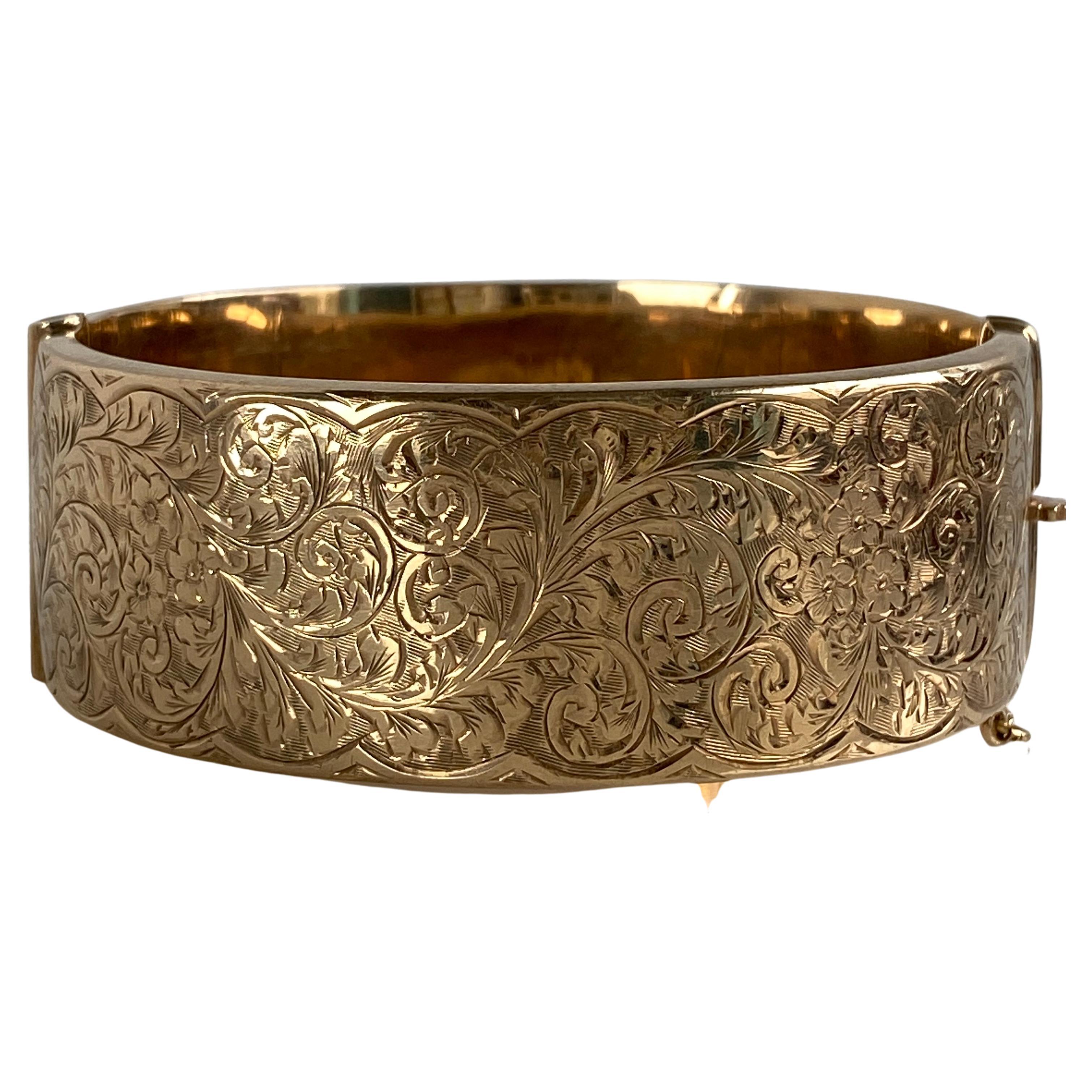 Victorian 9K Gold Engraved Bangle Bracelet For Sale