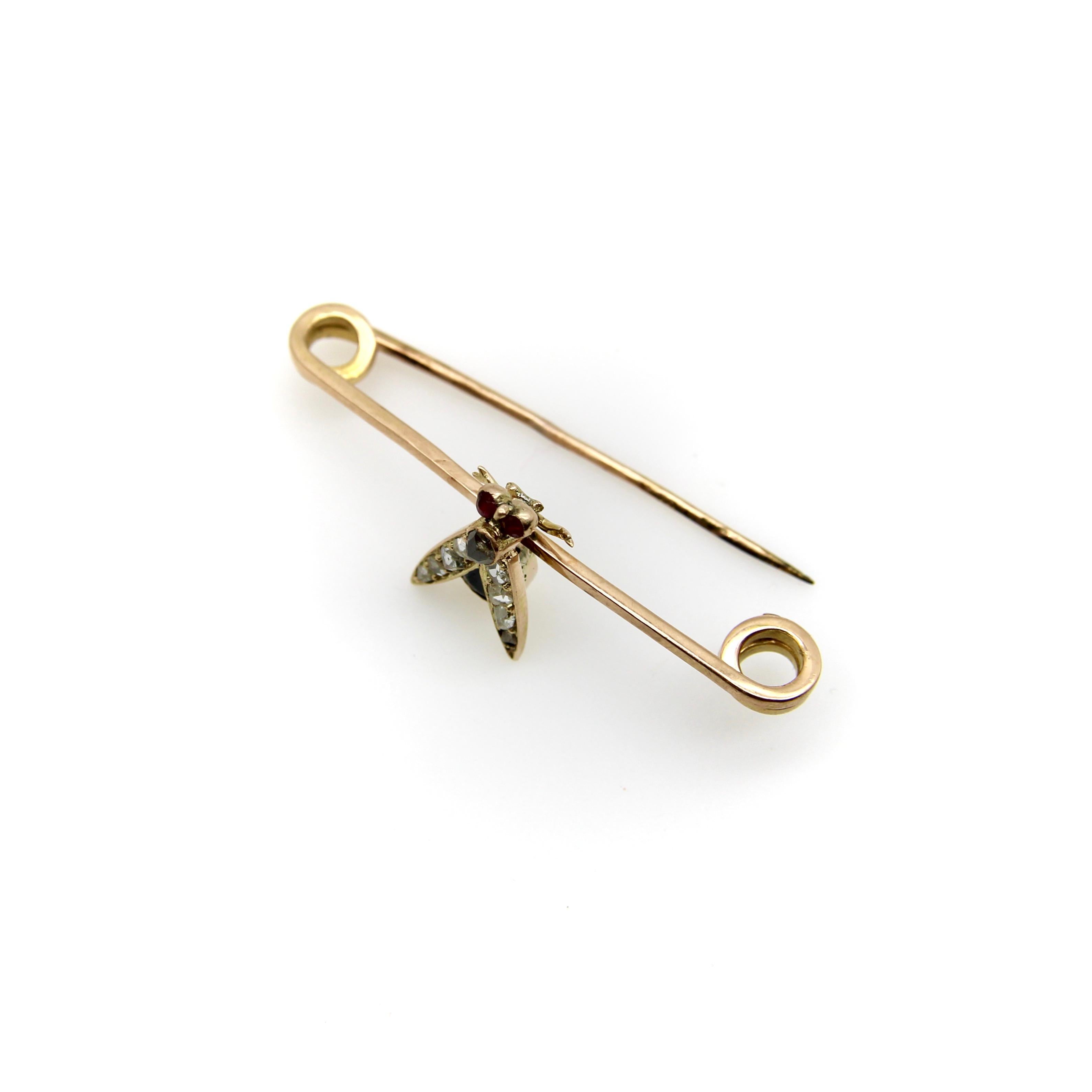 Rose Cut Victorian 9K Gold Fly Pin or Brooch with Diamonds, Rubies, and Sapphire  For Sale
