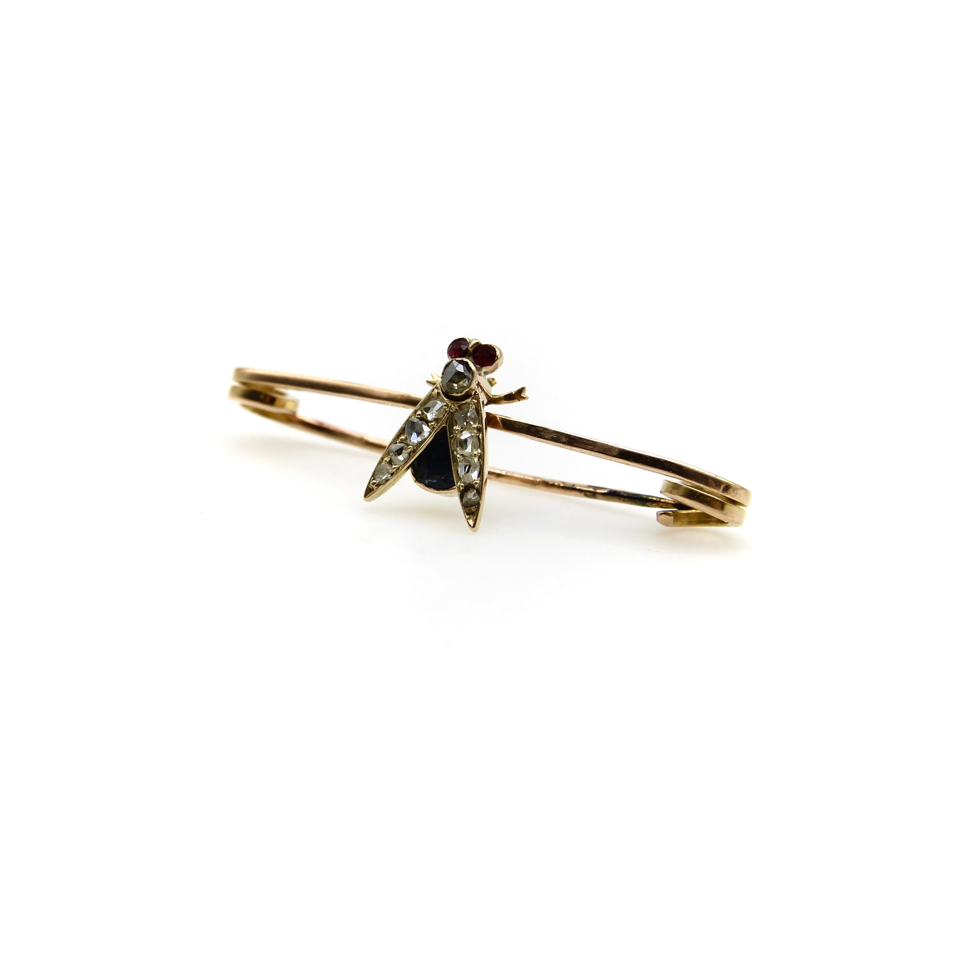 Women's or Men's Victorian 9K Gold Fly Pin or Brooch with Diamonds, Rubies, and Sapphire  For Sale