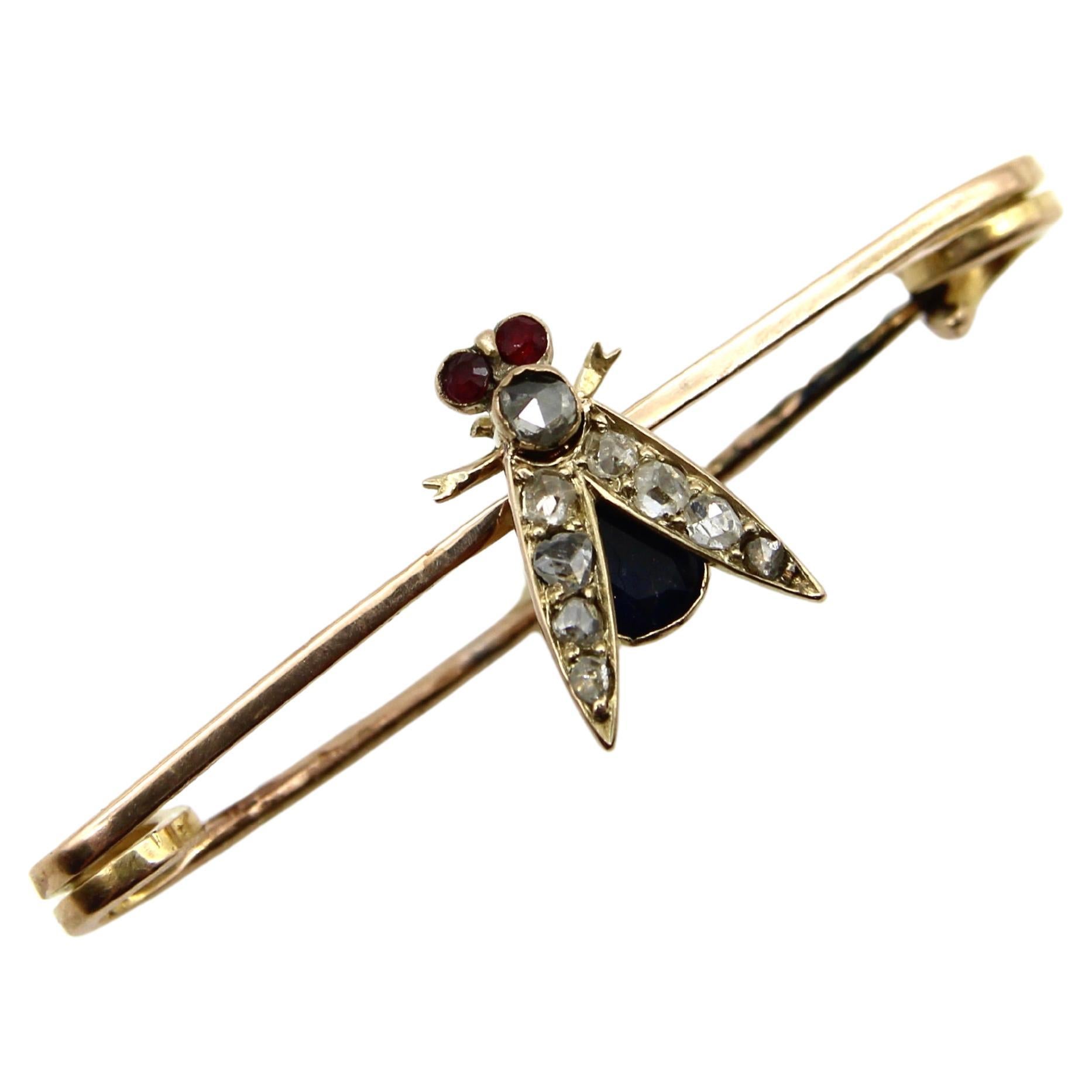 Victorian 9K Gold Fly Pin or Brooch with Diamonds, Rubies, and Sapphire  For Sale