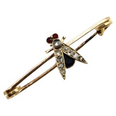Victorian 9K Gold Fly Pin or Brooch with Diamonds, Rubies, and Sapphire 
