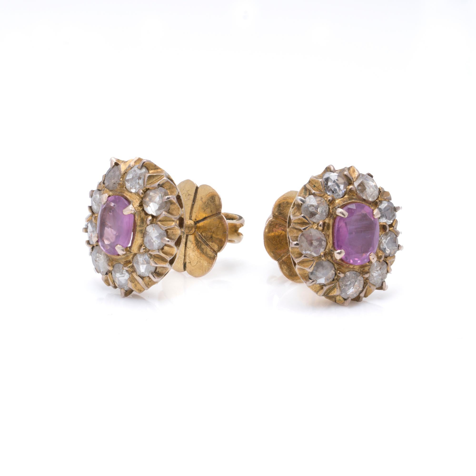 Rose Cut Victorian 9K Gold Pink Sapphire and Rose-Cut Diamond Screw-Back Earrings For Sale