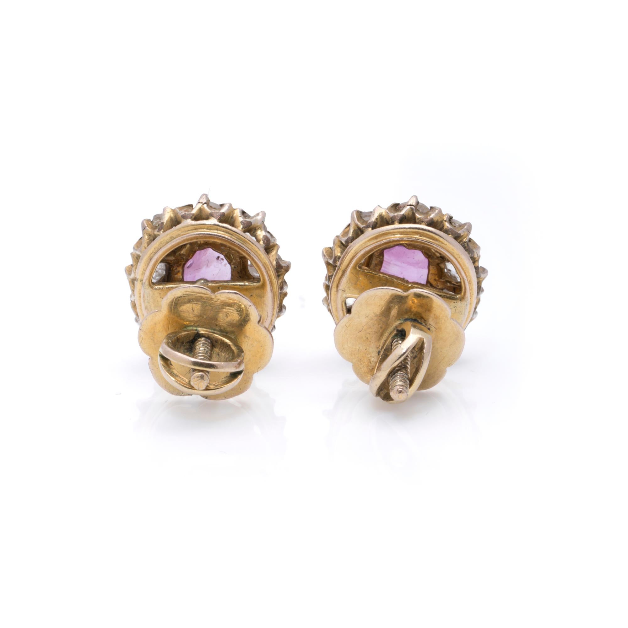Victorian 9K Gold Pink Sapphire and Rose-Cut Diamond Screw-Back Earrings In Good Condition For Sale In Braintree, GB