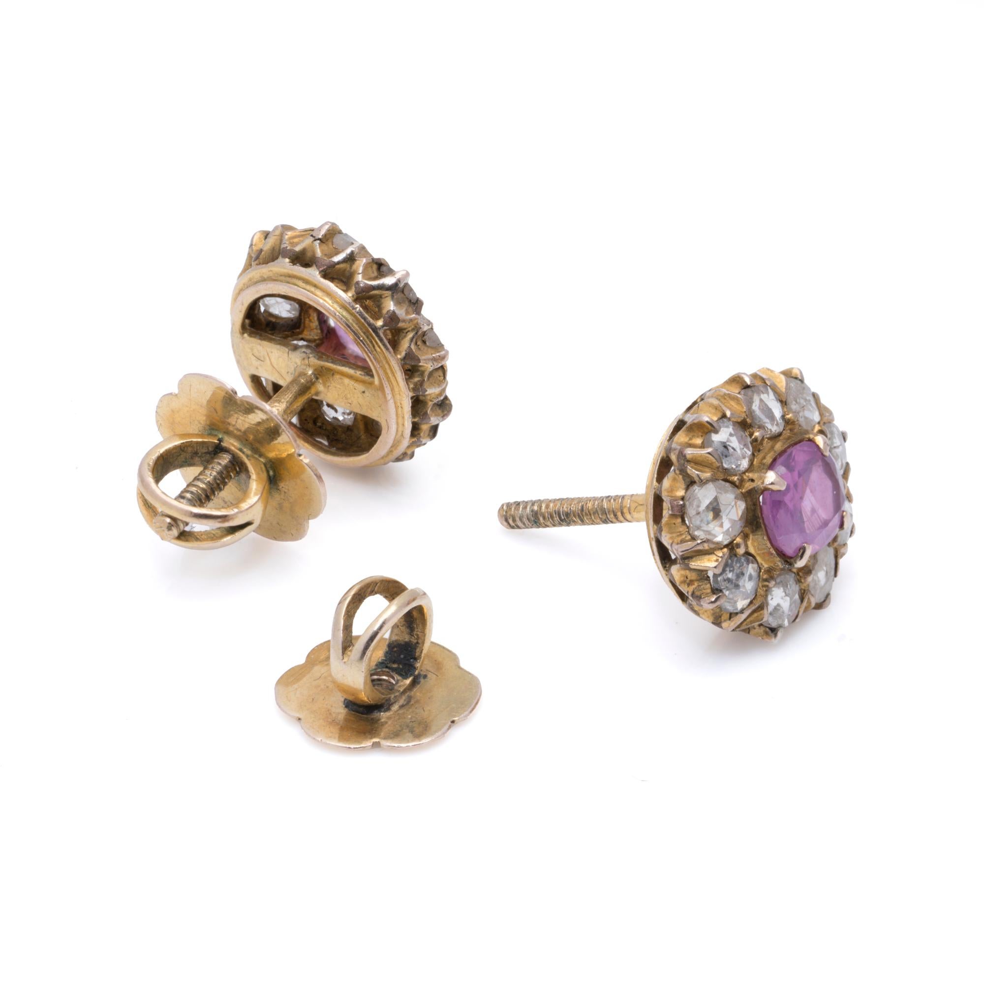 Victorian 9K Gold Pink Sapphire and Rose-Cut Diamond Screw-Back Earrings For Sale 1