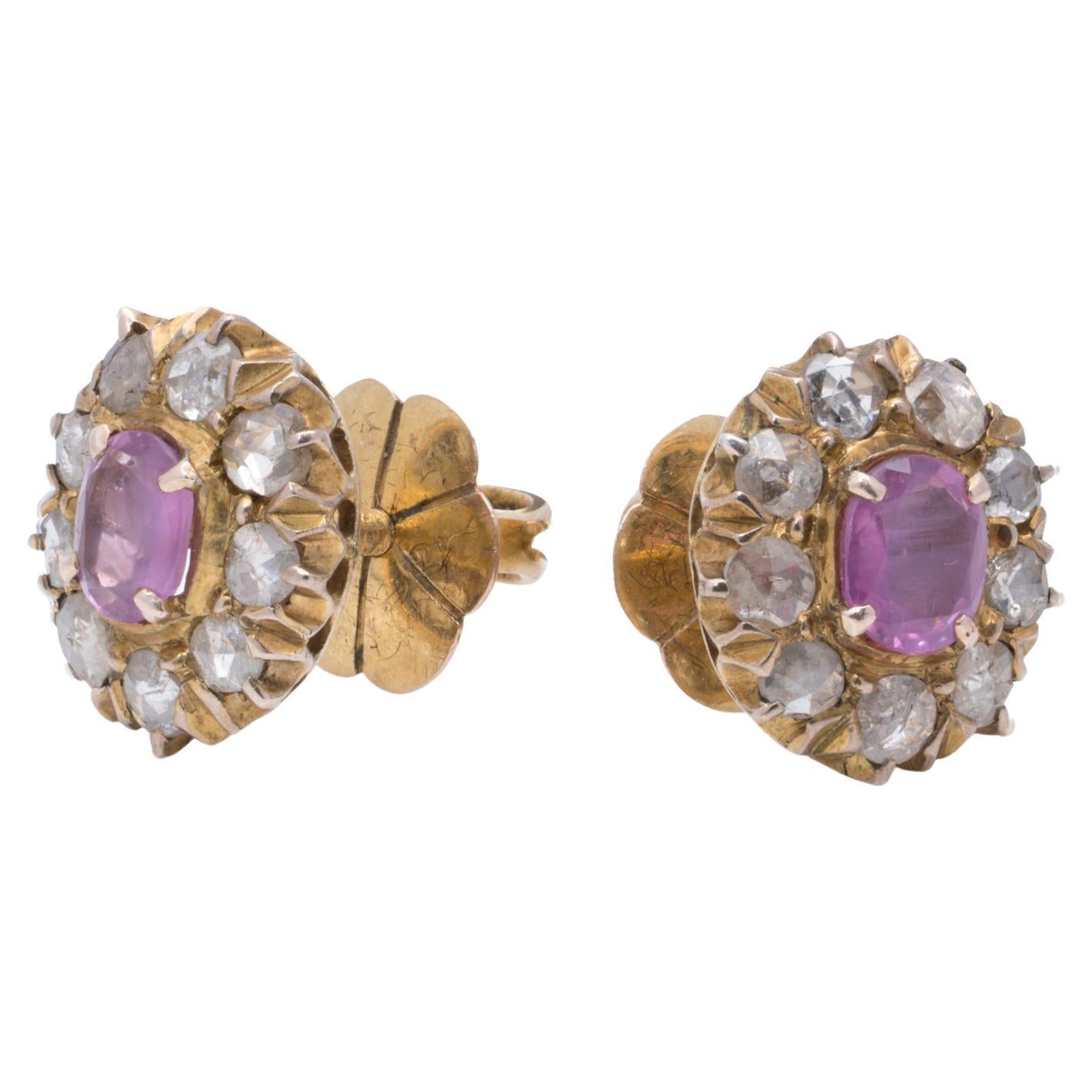 Victorian 9K Gold Pink Sapphire and Rose-Cut Diamond Screw-Back Earrings For Sale
